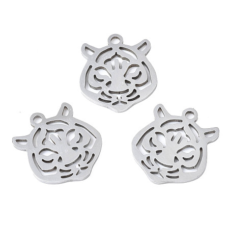 Honeyhandy 201 Stainless Steel Pendants, Laser Cut, Tiger Head, Stainless Steel Color, 15x13x1mm, Hole: 1.4mm