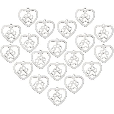 UNICRAFTALE 20pcs 201 Stainless Steel Pendants Heart with Dog Paw Prints Charms Small Hole Pendants for Women Necklaces Jewelry Making 15x15.5x1mm, Hole 1.2mm