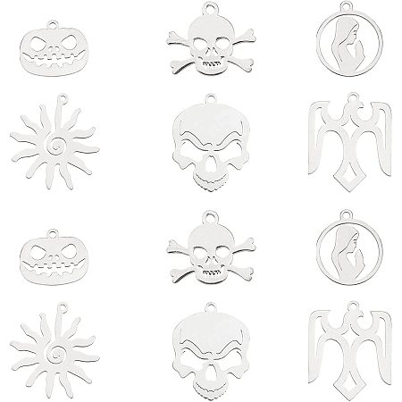 UNICRAFTALE 12pcs 6 Style 201 Stainless Steel Halloween Pendants Hypoallergenic Metal Charms Stainless Steel Color Pendants for DIY Craft Jewelry Making Hole 1.5mm