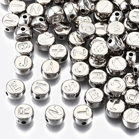 ARRICRAFT CCB Plastic Beads, Horizontal Hole, Flat Round with Letter A~Z, Platinum, 7x4mm, Hole: 1.4mm, about 330pcs/50g