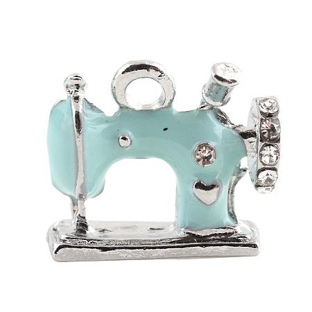 ARRICRAFT 5pcs Alloy Enamel Pendants with Rhinestone for DIY Bracelet Necklace Making, Sewing Machine Shape, Platinum, Hole: 2.5mm