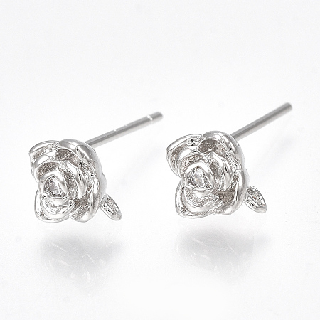 Honeyhandy Brass Cubic Zirconia Stud Earring Findings, with Loop, 925 Sterling Silver Pins, Flower, Clear, Nickel Free, Real Platinum Plated, 6.5x6.5mm, Hole: 0.5mm, Pin: 0.7mm