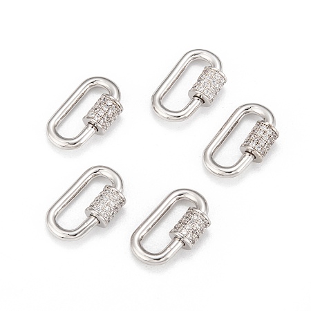 Honeyhandy Brass Micro Pave Cubic Zirconia Screw Carabiner Lock Charms, for Necklaces Making, Long-Lasting Plated, Oval, Clear, Real Platinum Plated, 17.1x10.5x2mm