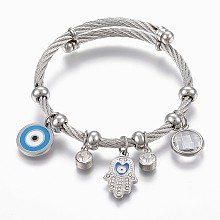 Honeyhandy Adjustable 304 Stainless Steel Charm Bangles, with Enamel, Glass and Rhinestone, Eye, Hamsa Hand and Flat Round, Stainless Steel Color, 2-1/4 inch(5.6cm), 4~12mm