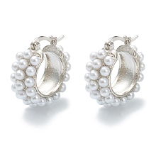 Honeyhandy Brass Hoop Earrings, with Acrylic Imitation Pearl, Ring, White, Real Platinum Plated, 21.5x21x8.5mm, Pin: 0.7mm