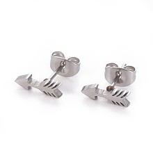 Honeyhandy Tarnish Resistant 304 Stainless Steel Stud Earrings, Hypoallergenic Earrings, with Ear Nuts/Earring Back, Arrow, Stainless Steel Color, 10x3mm, Pin: 0.8mm, 12pairs/card