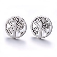 Honeyhandy 304 Stainless Steel Stud Earrings, Hypoallergenic Earrings, Flat Round with Tree of Life, Stainless Steel Color, 15x1.2mm, Pin: 0.8mm