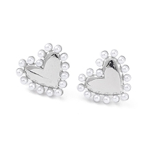 Honeyhandy Heart Rack Plating Brass Stud Earrings for Women, with Plastic Pearl Bead, Long-Lasting Plated, Lead Free & Cadmium Free, Platinum, 14x15x2.5mm, Pin: 0.8mm