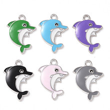 Alloy Enamel Pendants, Dolphin Charm, Platinum, 24.5x18x2mm, Hole: 2mm