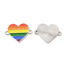 Honeyhandy Rainbow Color Alloy Enamel Connector Charms, Heart Links, Cadmium Free & Nickel Free & Lead Free, Platinum, Colorful, 20x27x1.3mm, Hole: 2mm