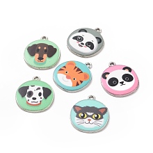 Honeyhandy Alloy Enamel Pendants, Platinum, Flat Round with Dog/Cat/Panda Pattern Charm, Mixed Color, 23.5x20x2mm, Hole: 1.6mm