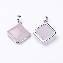 Honeyhandy Natural Rose Quartz Pendants, with Brass Findings, Rhombus, Platinum, 25x29x7mm, Hole: 5x7mm, 18x18mm