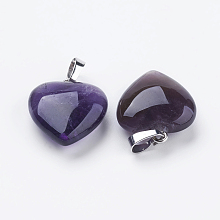 Honeyhandy Natural Amethyst Pendants, with Brass Findings, Heart, Platinum, 23x20x7~9mm, Hole: 5x8mm