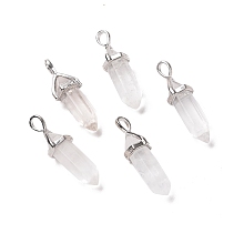 Honeyhandy Natural Quartz Crystal Pendants, Grade A, with Platinum Tone Brass Findings, Lead free & Cadmium Free, Faceted, Bullet, 27~30x9~10x7~8mm, Hole: 4x3mm