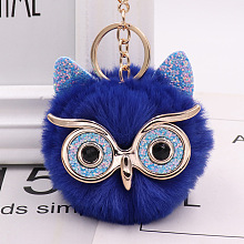 Honeyhandy Pom Pom Ball Keychain, with KC Gold Tone Plated Alloy Lobster Claw Clasps, Iron Key Ring and Chain, Owl, Royal Blue, 12cm