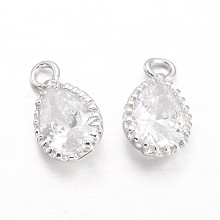 Honeyhandy Teardrop Brass Cubic Zirconia Charms, Platinum, 12x7x3.5mm, Hole: 1.5mm