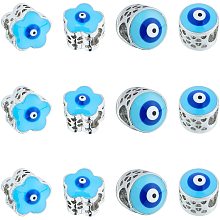 NBEADS 12 Pcs Evil Eye European Beads, 2 Styles Blue Brass Large Hole European Beads Enamel Evil Eye Charms Rondelle Spacer Beads for Bracelet Jewelry Making