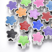 Honeyhandy UV Plating Acrylic European Beads, with Enamel, Large Hole Beads, Flower, Mixed Color, Platinum, 13x13.5x9mm, Hole: 5mm