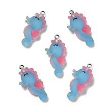 Honeyhandy Opaque Resin Pendants, with Platinum Tone Iron Loops, Frosted, Sea Horse, Deep Sky Blue, 34x17x5.5mm, Hole: 2mm