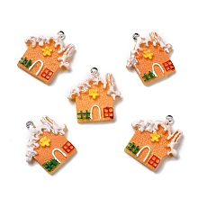 Opaque Resin Pendants, with Platinum Tone Iron Loops, Imitation Gingerbread, Christmas Theme, House, Sandy Brown, 30.5x29x5mm, Hole: 2mm