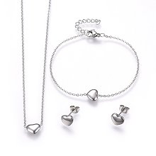 Honeyhandy 304 Stainless Steel Jewelry Sets, Pendant Necklaces & Stud Earrings & Bracelets, Heart, Stainless Steel Color, 16.93 inch(43cm), 6-3/4 inch(17cm), 7x9x2.5mm, Pin: 0.8mm