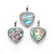 Honeyhandy Abalone Shell/Paua Shell Pendants, with Brass Findings, Heart, Platinum, 25.5x21.5x3.5mm, Hole: 4.5x7.5mm