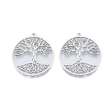 Honeyhandy 201 Stainless Steel Pendant, Hollow Charms, Flat Round with Tree of Life, Stainless Steel Color, 38x35x1.5mm, Hole: 2mm