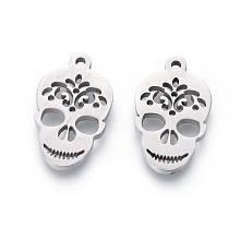 Honeyhandy 201 Stainless Steel Pendants, Manual Polishing, Sugar Skull, For Mexico Holiday Day of the Dead, Stainless Steel Color, 17x10.5x1.5mm, Hole: 1.2mm