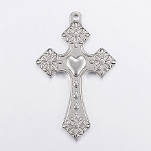 Honeyhandy 304 Stainless Steel Pendants, Cross with Heart, Stainless Steel Color, 50x31x3mm, Hole: 2.5mm