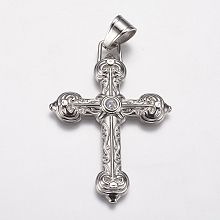 Honeyhandy 304 Stainless Steel Big Pendants, with Rhinestone, Cross, Stainless Steel Color, 38x55x4mm, Hole: 7x9mm