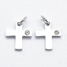 Honeyhandy 316 Surgical Stainless Steel Tiny Cross Charms, with Cubic Zirconia, Long-Lasting Plated, Clear, Stainless Steel Color, 12x11x2mm, Hole: 3mm