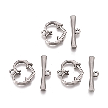 Honeyhandy 304 Stainless Steel Toggle Clasps, Heart, Stainless Steel Color, Heart: 15.3x15.5x2.3mm, Hole: 1.6mm, Bar: 6x21.2x2.4mm, Hole: 1.5mm