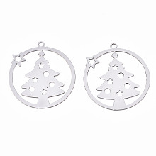 Honeyhandy Christmas 201 Stainless Steel Filigree Pendants, Etched Metal Embellishments, Ring with Christmas Trees, Stainless Steel Color, 22x20x0.3mm, Hole: 1.2mm