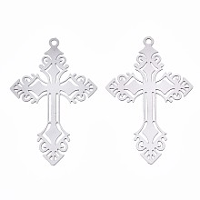 Honeyhandy 201 Stainless Steel Filigree Pendants, Etched Metal Embellishments, Cross, Stainless Steel Color, 40x25x0.3mm, Hole: 1.6mm