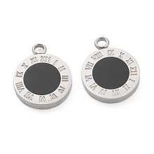 Honeyhandy Fashion 304 Stainless Steel Enamel Charms, Flat Round with Black Roman Numerals, Stainless Steel Color, 14x11x2mm, Hole: 1.8mm