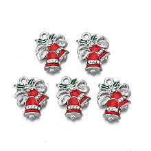 Rack Plating Alloy Enamel Pendants, with Crystal Rhinestone, Cadmium Free & Nickel Free & Lead Free, Christmas Bell, Platinum, 20.5x15x3.5mm, Hole: 1.6mm