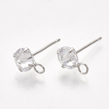 Honeyhandy Brass Stud Earring Findings, with Cubic Zirconia and Loop, Clear, Real Platinum Plated, 10x6.5mm, Hole: 2mm, Pin: 0.8mm