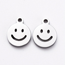 Honeyhandy 304 Stainless Steel Charms, Cut-Out, Manual Polishing, Hollow, Flat Round with Smile, Stainless Steel Color, 8x6x1mm, Hole: 0.8mm