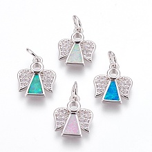 Honeyhandy Brass Cubic Zirconia Pendants, with Synthetic Opal, Angel, Platinum, Mixed Color, 14.5x12x2.5mm, Hole: 4mm