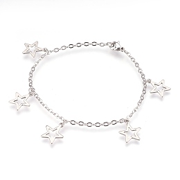 Honeyhandy 304 Stainless Steel Charm Bracelets, with Lobster Claw Clasps, Star, Stainless Steel Color, 8-1/8 inch(20.5cm), 2mm, Star: 14.5x12.5x0.7mm