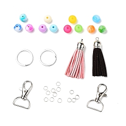 Honeyhandy DIY Keychain Making Kits, 60Pcs Round Acrylic Beads, 14Pcs Iron Jump Rings, Split Key Rings and Zinc Alloy Swivel Clasps, 2Pcs Faux Suede Tassel Pendant Decorations, Platinum, Beads: 60pcs/set