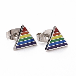 Honeyhandy Pride Style 201 Stainless Steel Stud Earrings, with Enamel and Alloy Ear Nuts, Triangle, Colorful, Stainless Steel Color, 8x9.5mm, Pin: 0.7mm