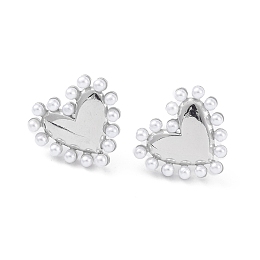 Honeyhandy Heart Rack Plating Brass Stud Earrings for Women, with Plastic Pearl Bead, Long-Lasting Plated, Lead Free & Cadmium Free, Platinum, 14x15x2.5mm, Pin: 0.8mm