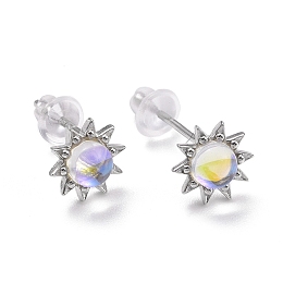 Honeyhandy 925 Sterling Silver Sunflower Stud Earring Findings, Clear Moonstone Dainty Earrings for Girl Women, Platinum, 7.5x3.4mm, Pin: 0.8mm