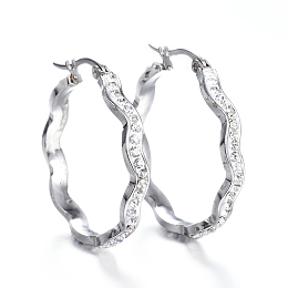 Honeyhandy 304 Stainless Steel Hoop Earrings, with Polymer Clay and Rhinestone, Wave Ring, Stainless Steel Color, 32x31x4mm, Pin: 1x0.8mm