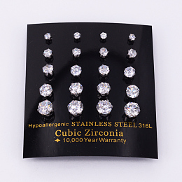 Honeyhandy 304 Stainless Steel Cubic Zirconia Stud Earrings, Stainless Steel Color, 3~7mm, Pin: 0.8mm, 10pairs/card