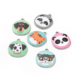 Honeyhandy Alloy Enamel Pendants, Platinum, Flat Round with Dog/Cat/Panda Pattern Charm, Mixed Color, 23.5x20x2mm, Hole: 1.6mm