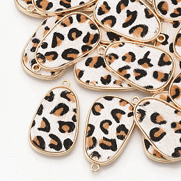 Honeyhandy Eco-Friendly Cowhide Leather Pendants, with Golden Plated Alloy Cabochon Settings, teardrop, with Leopard Print Pattern, Linen, 35x21x2~3mm, Hole: 1.8mm