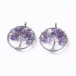 Honeyhandy Natural Amethyst Pendants, with Brass Findings, Flat Round with Tree of Life, Platinum, 29x5~7mm, Hole: 4.5mm