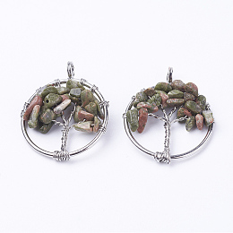 Honeyhandy Natural Unakite Pendants, with Brass Findings, Flat Round with Tree of Life, Platinum, 29x5~7mm, Hole: 4.5mm